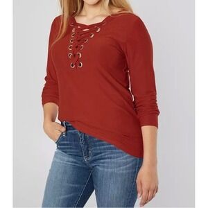 Daytrip Long Sleeve Lace Up  V-Neck Top Cinnabar Women's Size Medium